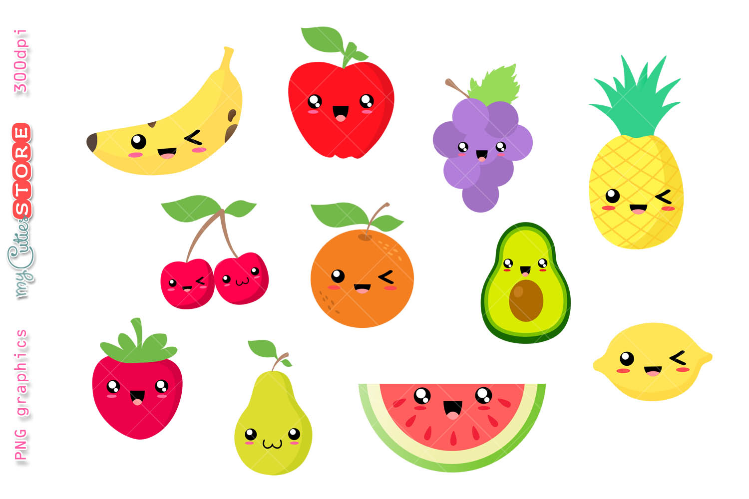 Clipart fruit kawaii. Collection of fruits watermelon