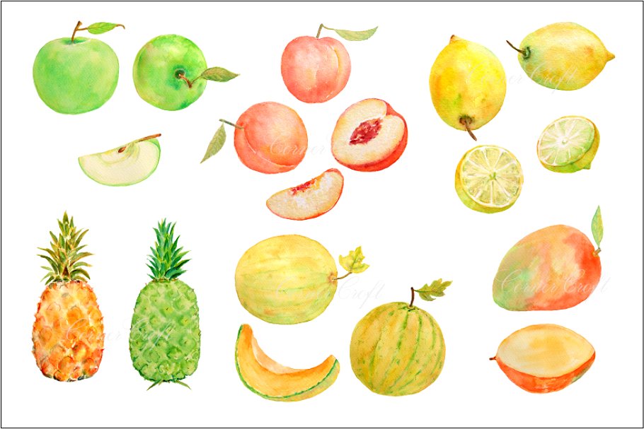 Fruits clipart painted. Watercolor fruit set 