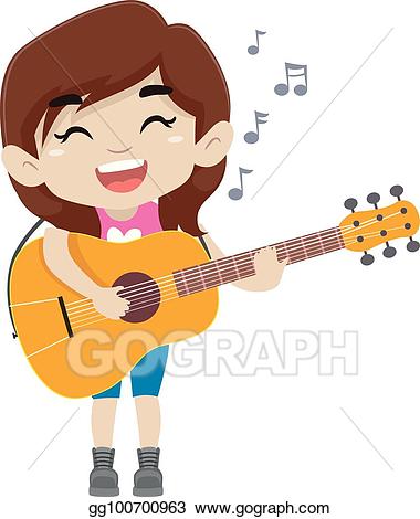 Clipart guitar kid. Eps illustration girl holding