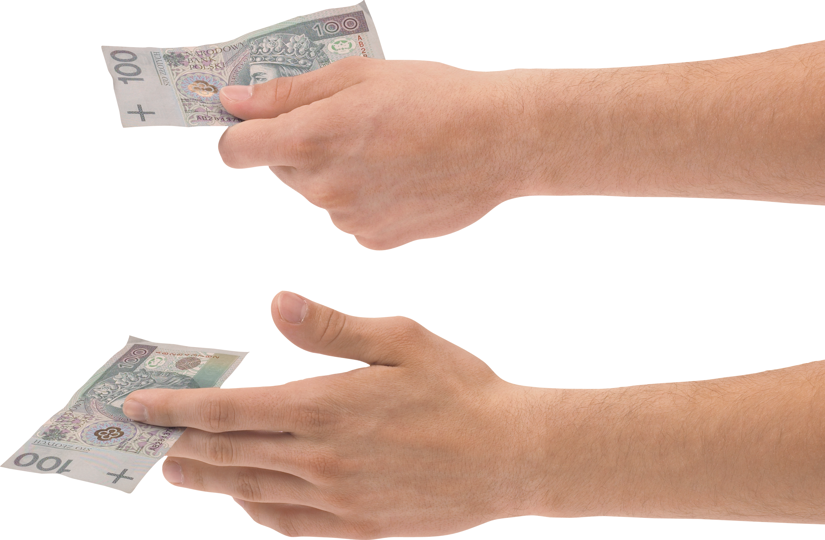 Holding two isolated stock. Hand with money png