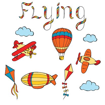 Flying airplane balloon airship. Clipart kite cloud