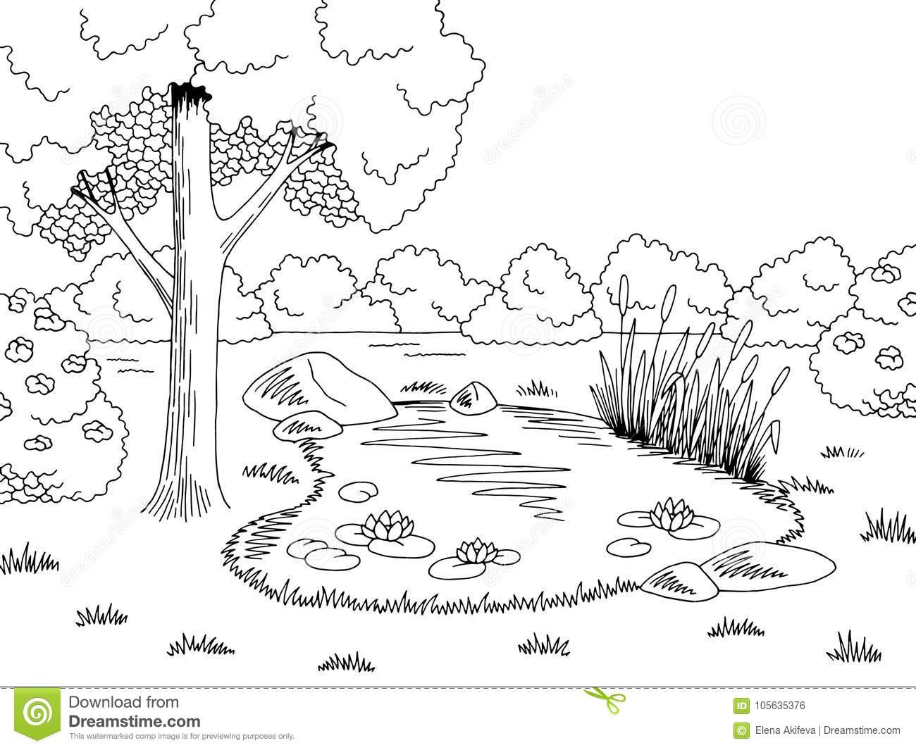 clipart lake black and white