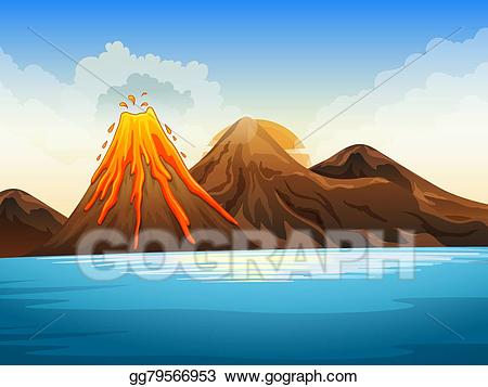 Vector art volcano eruption. Clipart lake caldera