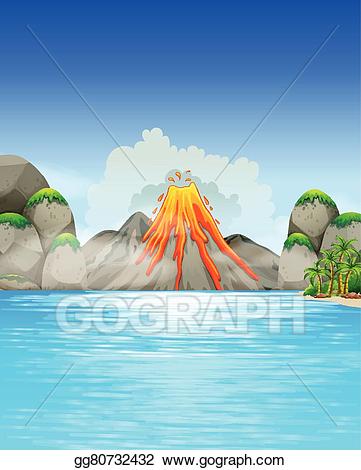 Clipart lake caldera. Vector art volcano eruption