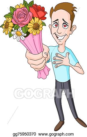 Vector illustration man flower. Clipart roses giving