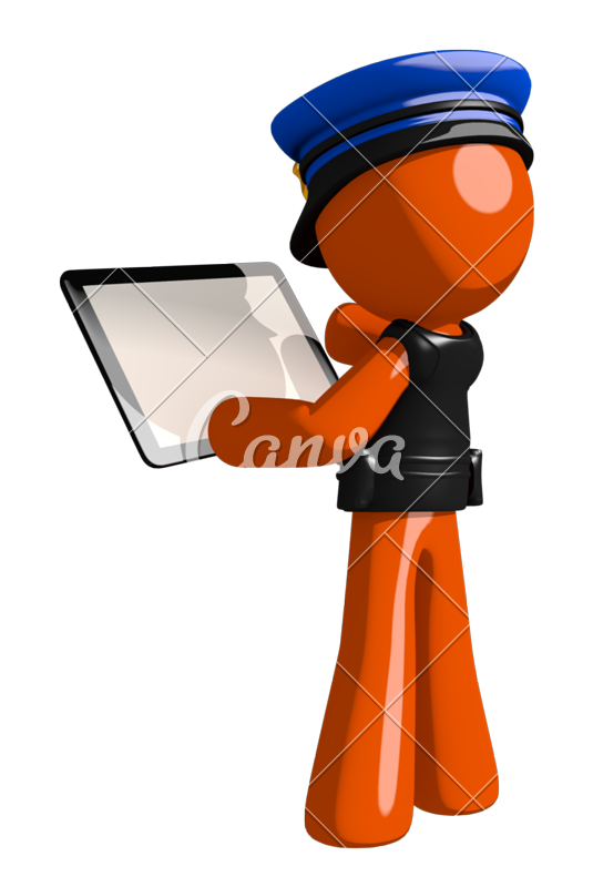 Orange viewing tablet computer. Clipart man police officer