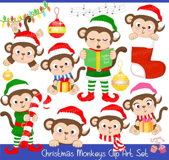 Clipart monkey christmas. Monkeys set 
