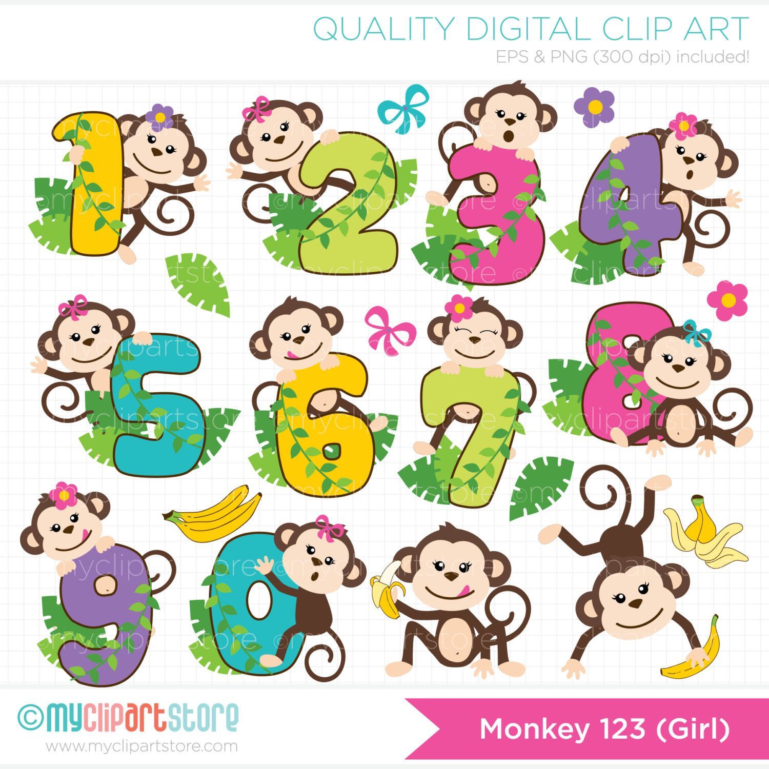 Candy colored numbers girl. Clipart monkey number