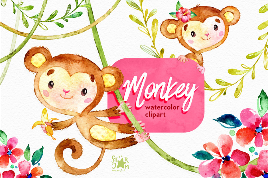 Clipart monkey watercolor. Clip art design cuts