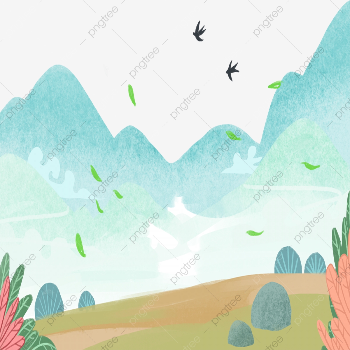 Clipart mountain spring. Beautiful scenery forest natural