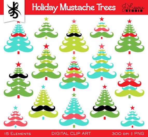 Clipart mustache christmas. Digital holiday trees cards