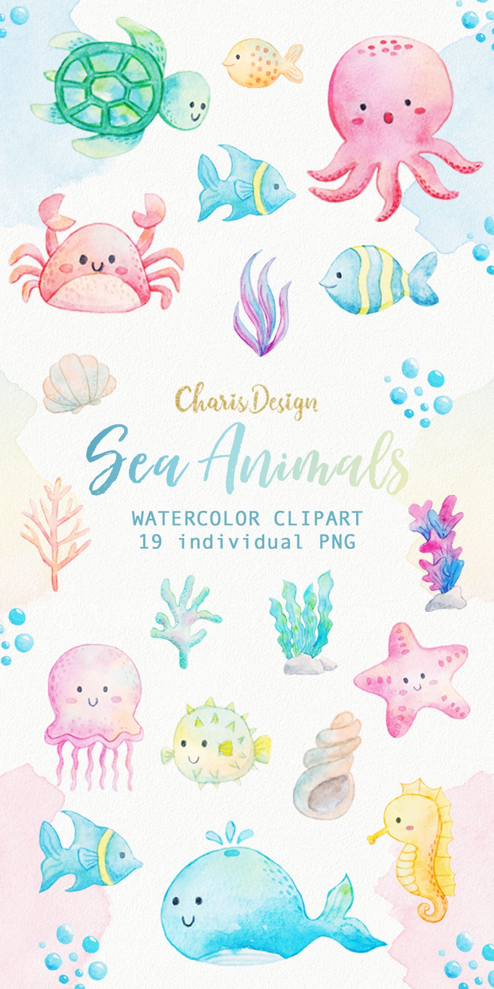 Clipart ocean watercolor. Sea animals seaweed underwater