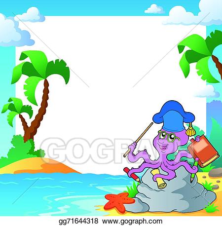Vector illustration beach with. Clipart octopus frame