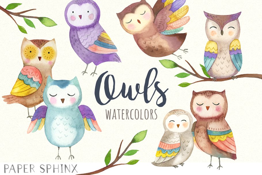 Clipart owl watercolor. Owls pack illustrations creative