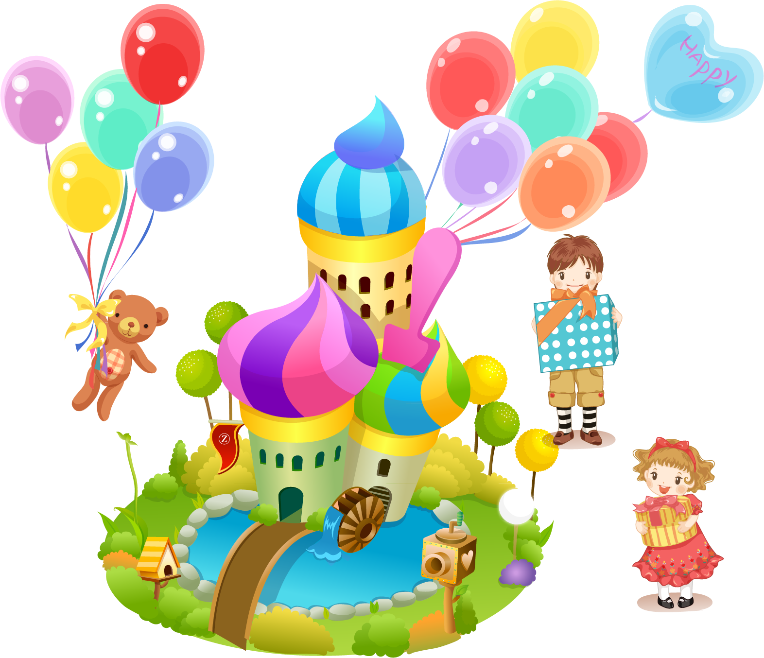 Clipart park childrens park. Cartoon castle amusement balloon