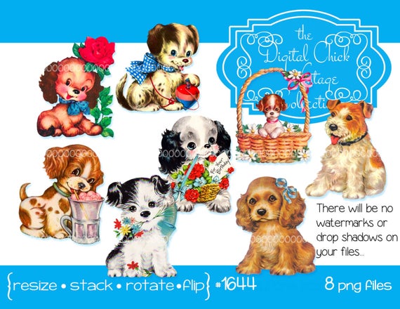 Clipart puppy vintage. Digital instant download images