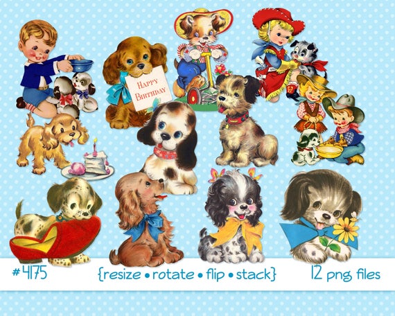Digital instant download cute. Clipart puppy vintage