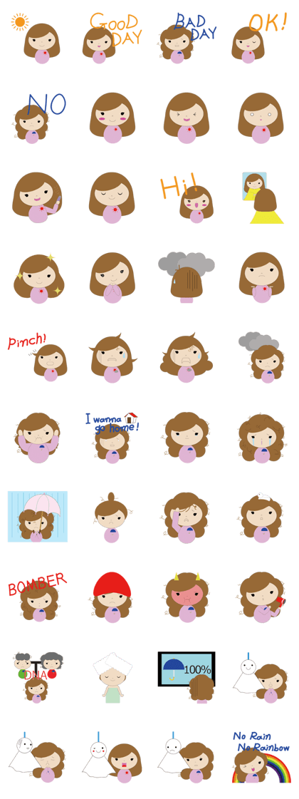 Hair girl line sticker. Clipart rain curly