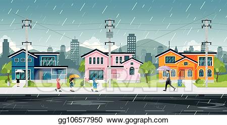 Vector illustration rainy season. Clipart rain home