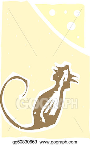 Vector illustration and cheese. Clipart rat woodcut