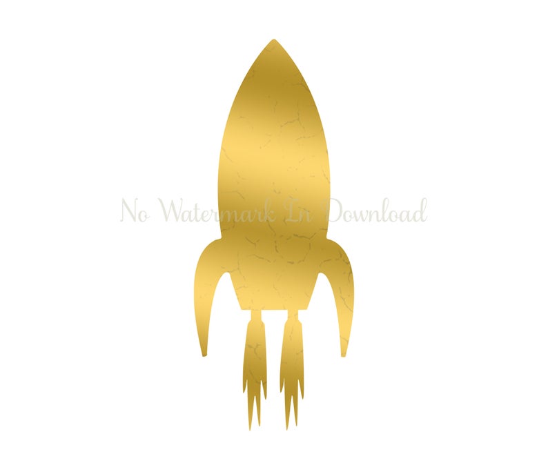 Space metallic printable foil. Clipart rocket gold