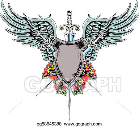 Vector wing rose illustration. Clipart shield winged