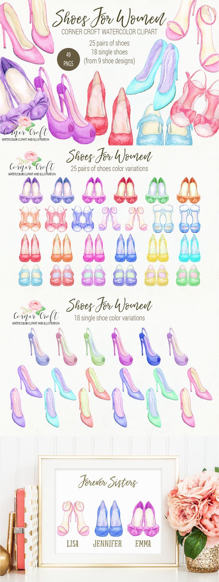 Clipart shoes family. Watercolor for women high