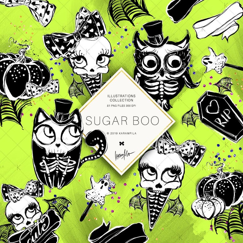 Clipart skeleton doodle. Halloween animals skulls and