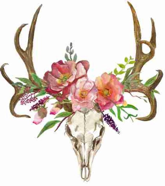 Clipart skull boho. Deer bohemian art with