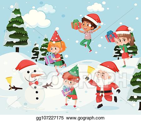 Vector children playing outside. Clipart snow illustration