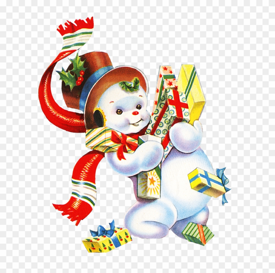 Clipart snowman vintage. With christmas presents 