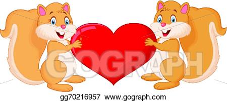 Vector cartoon holding red. Clipart squirrel couple