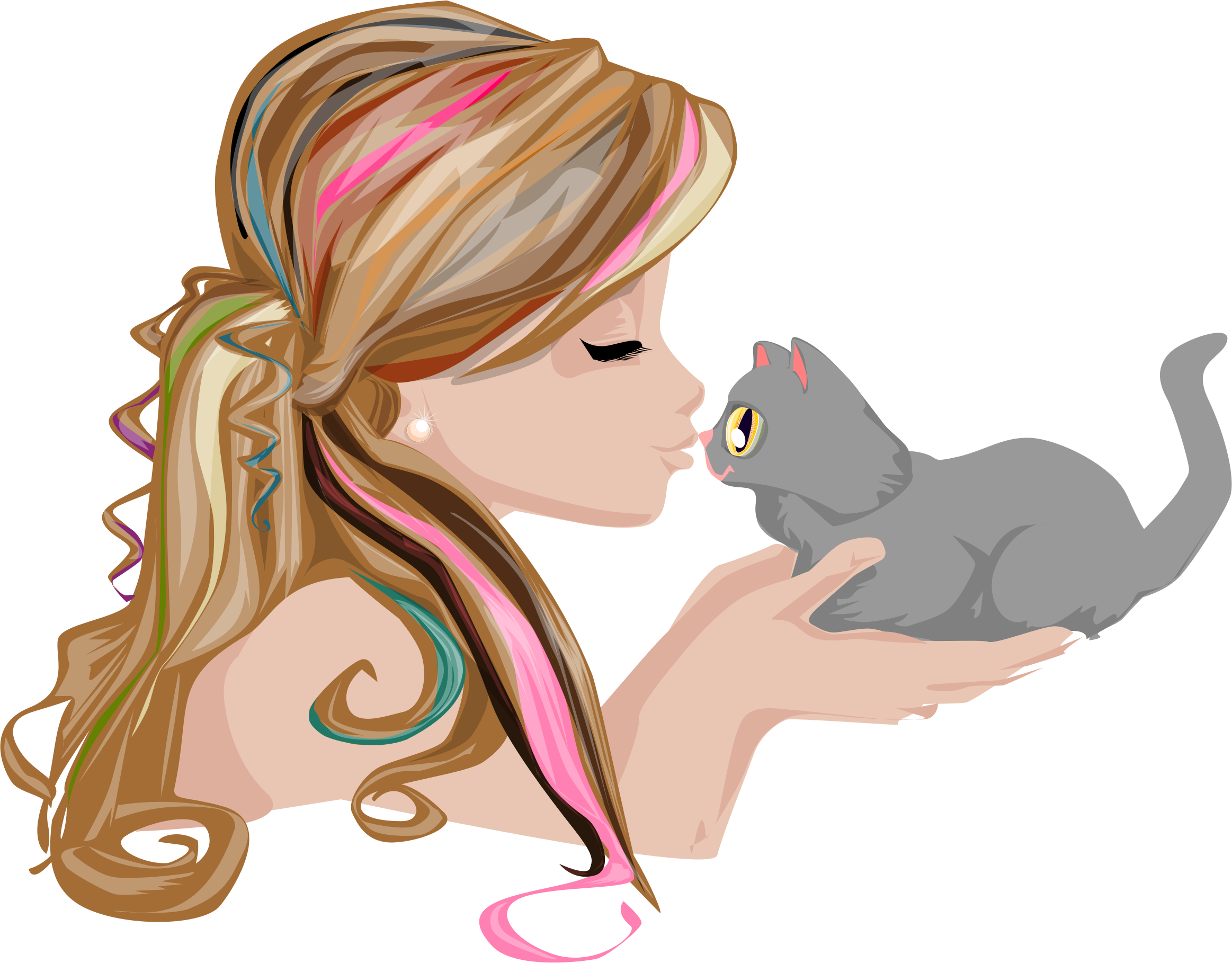 Kittens clipart illustration. Girl kissing kitten big