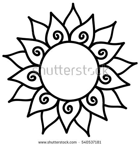 Mandala artwork of a sun surrounded by intricate moon shapes in several different colors.