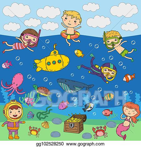 Clipart swimming summertime. Vector stock underwater kids