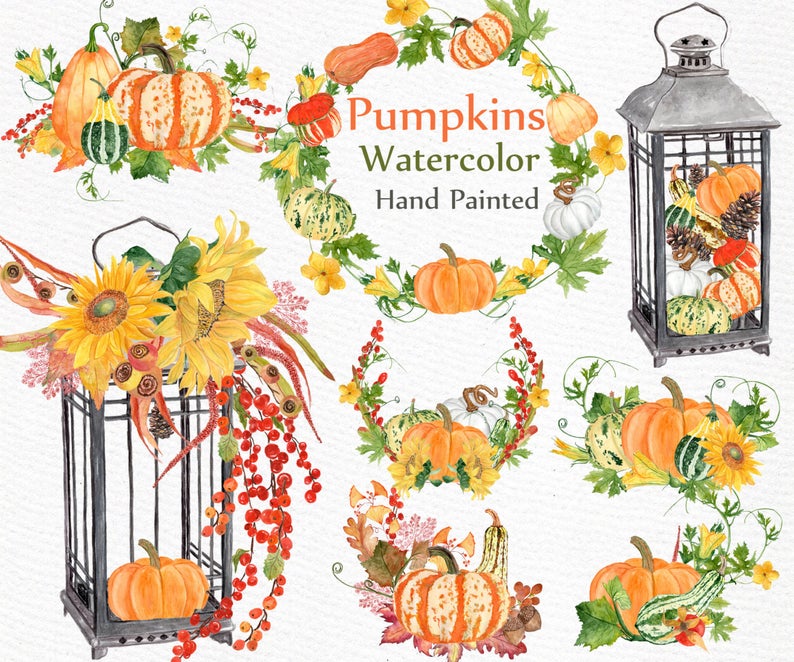 Pumpkin harvest autumn wreaths. Clipart thanksgiving watercolor