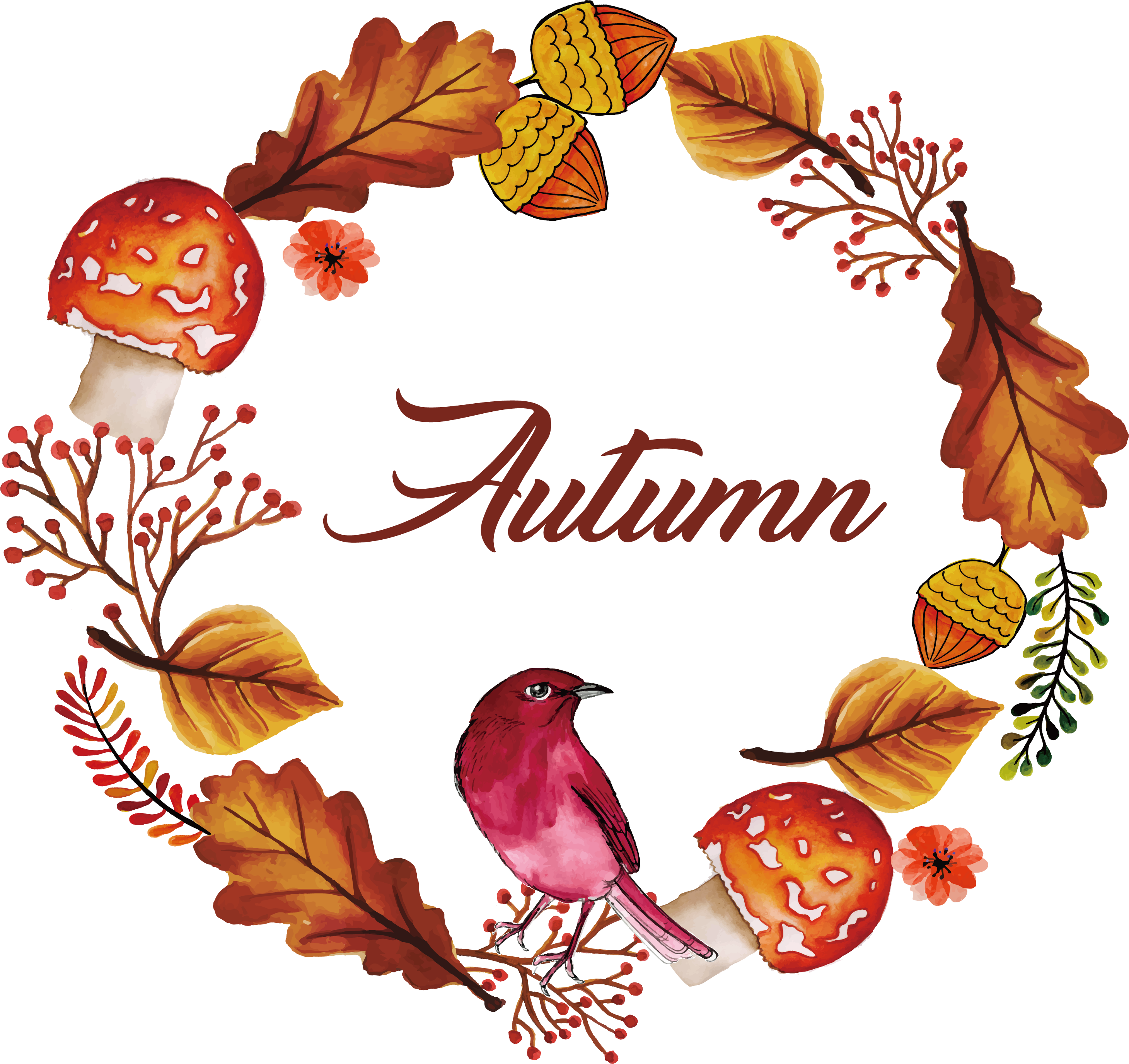 Clipart thanksgiving watercolor. Autumn flower and bird