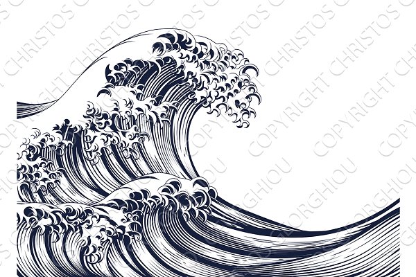 Great style woodcut illustrations. Clipart wave vintage