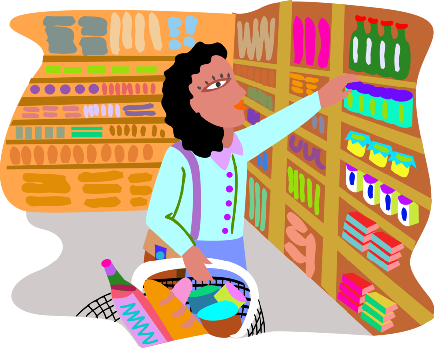 Woman shops in store. Grocery clipart grocery item