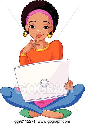 Vector art young african. Clipart woman laptop