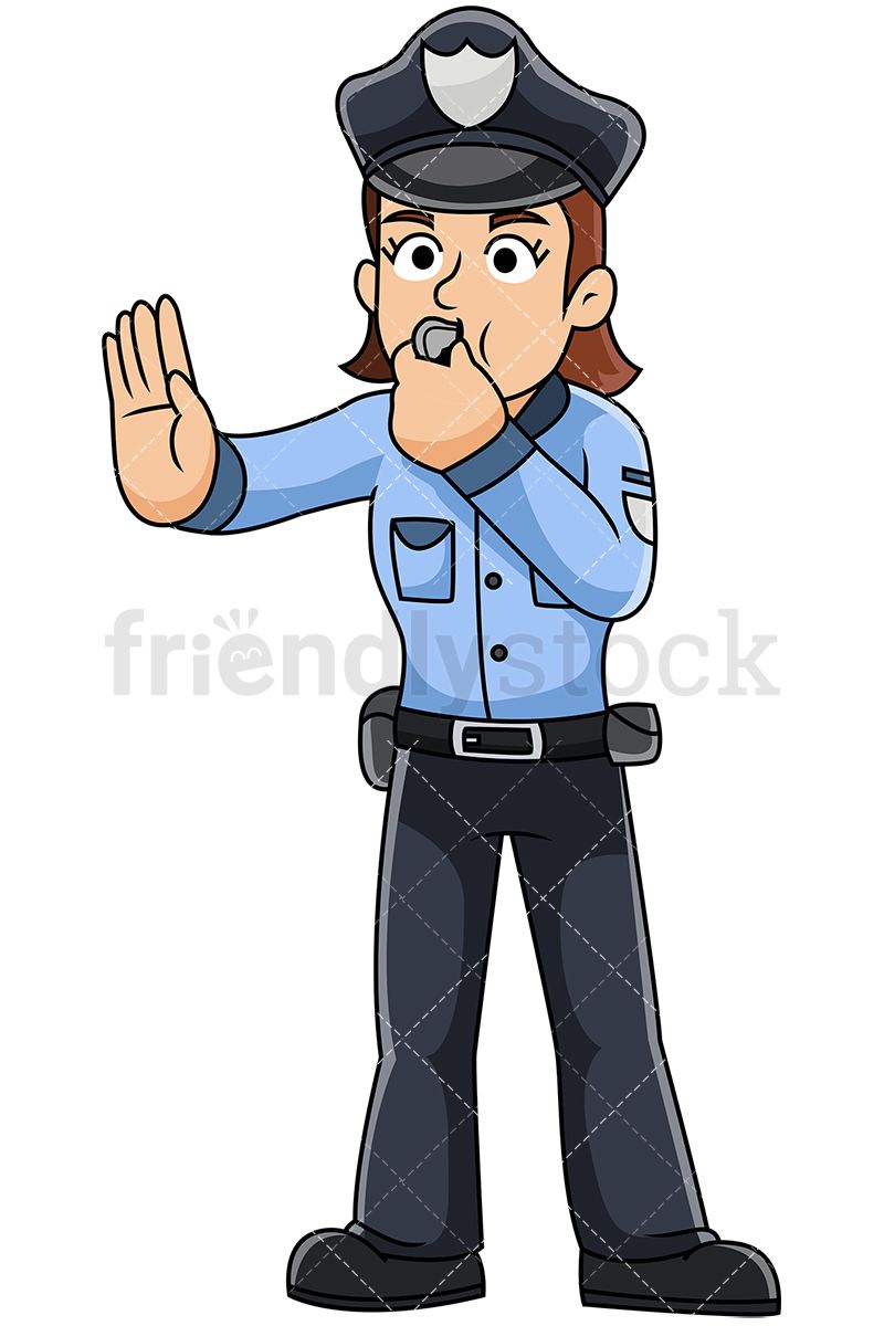 Police officer blowing whistle. Policeman clipart female