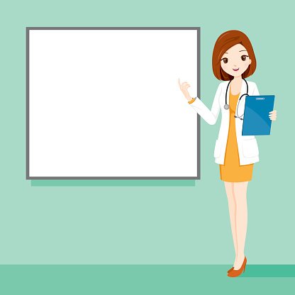 Woman doctor holding talking. Clipboard clipart cartoon
