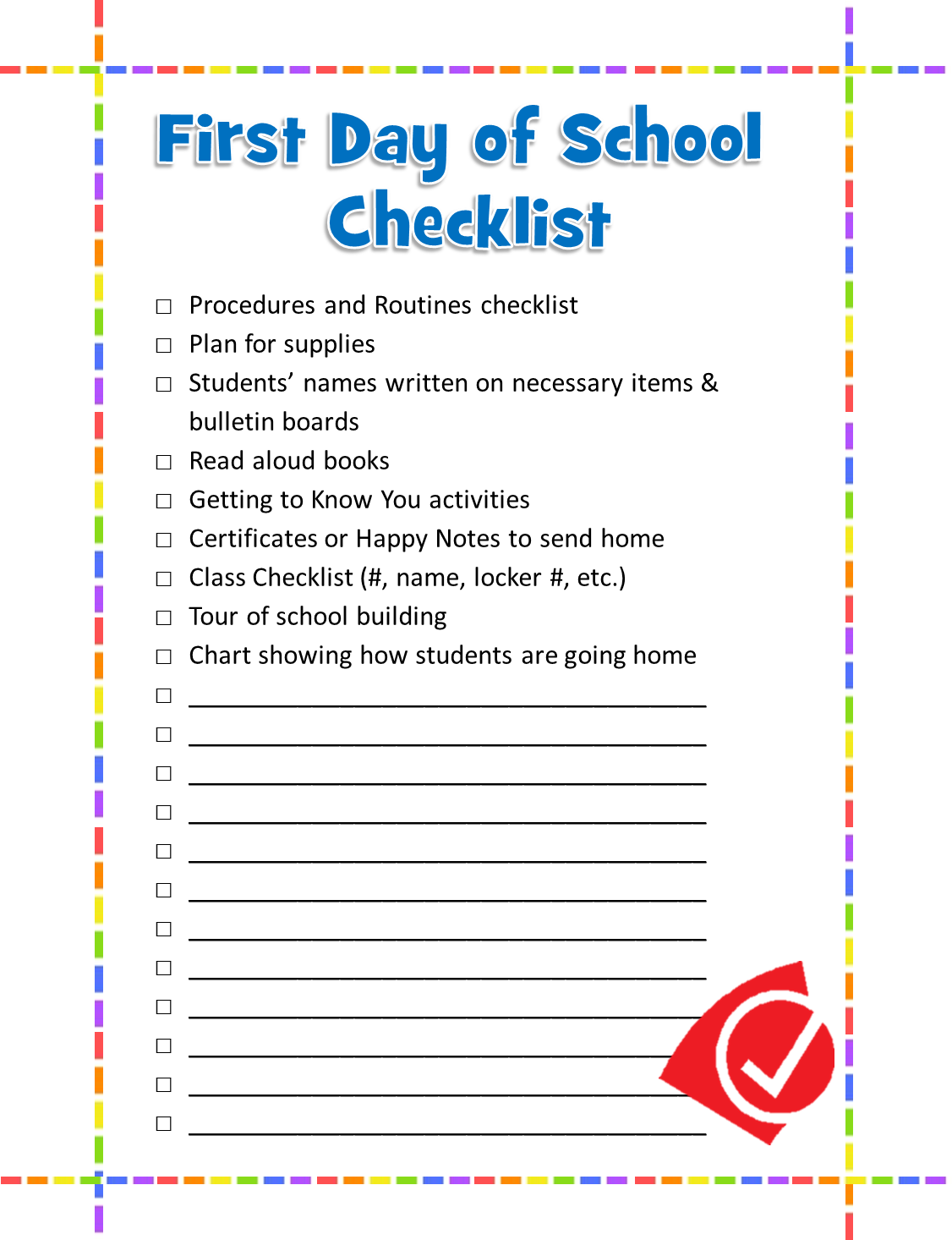 First day of school. Organized clipart daily checklist