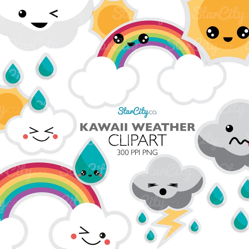 Weather rainbow and storm. Cloud clipart kawaii