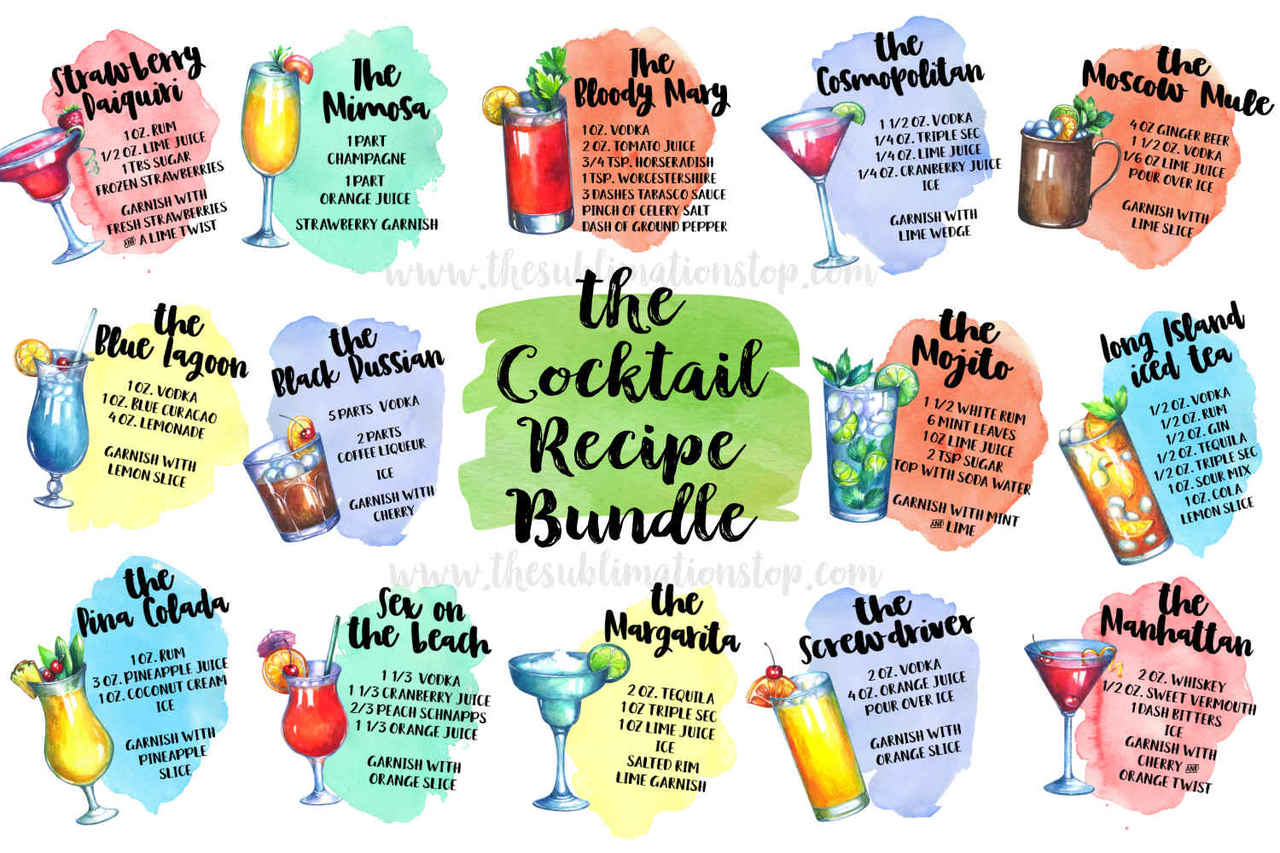Cocktail recipe bundle sublimation. Cocktails clipart file
