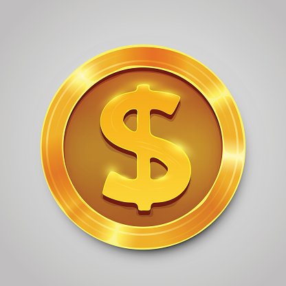 Golden dollar isolated on. Coin clipart shiny