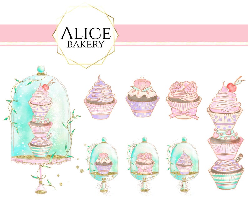 Watercolor pink cupcake bakery. Colors clipart mint