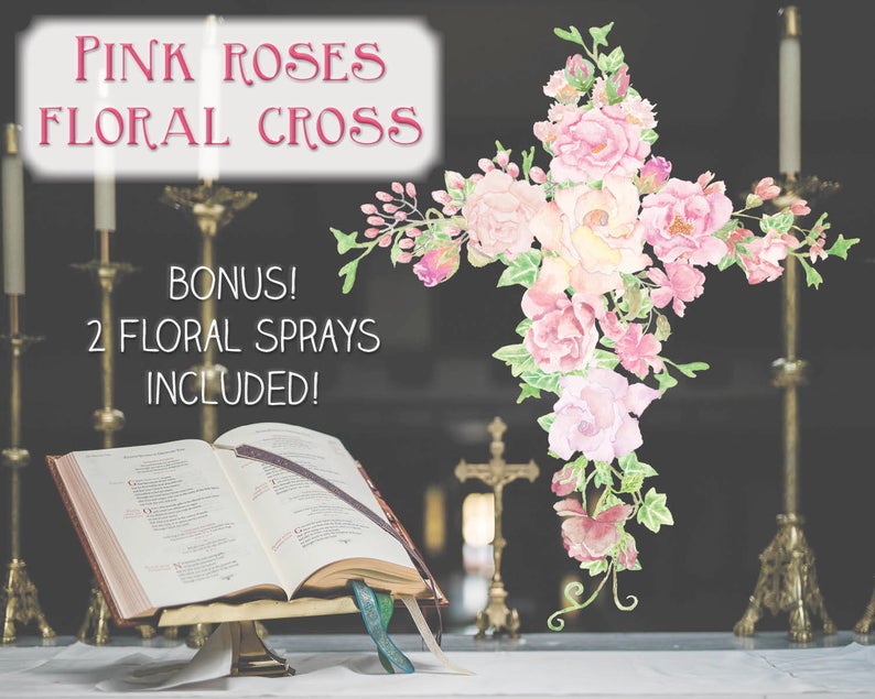 Floral cross pink watercolor. Communion clipart sympathy