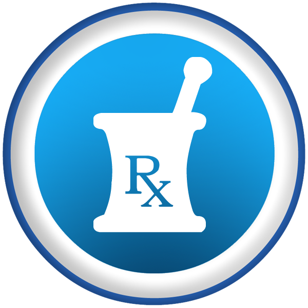Rx symbol blue button. Pharmacy clipart mortar and pestle