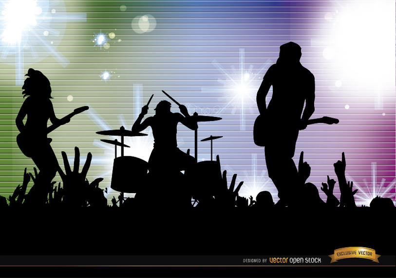 Crowd silhouettes background vector. Concert clipart rock band silhouette